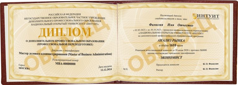 Диплом MBA (профессиональная переподготовка - Мастер делового администрирования)